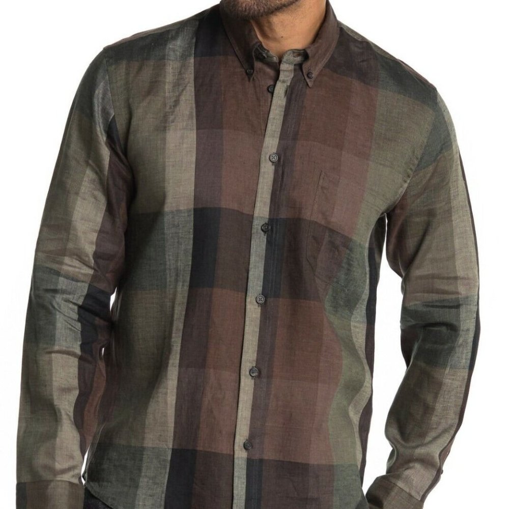 Billy Reid LARGE Tuscumbia Plaid Linen Shirt.Button down.Patch pockets .
